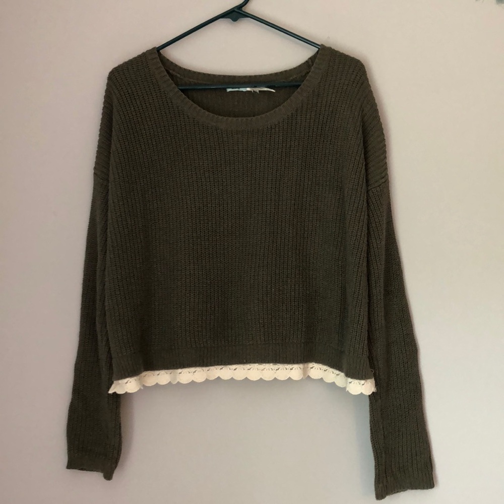Olive Green Cropped Sweater with Lace